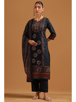 Soch - Womens Teal Cotton Printed Ethnic Motifs Kurta With Pant & Dupatta
