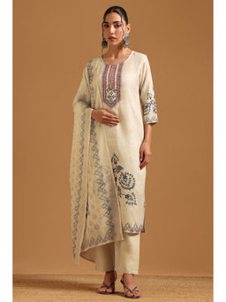 Soch - Womens Cream Linen Digital Print Botanical Kurta With Pant & Dupatta