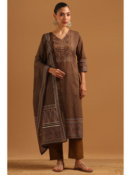 Soch - Womens Brown Cotton Block Printed Ethnic Motifs Kurta With Pant & Dupatta