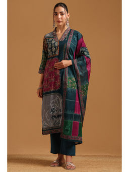 Soch - Womens Teal Cotton Digital Printed Botanical Kurta With Pant & Dupatta