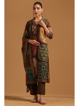 Soch - Womens Brown Cotton Digital Print Botanical Kurta With Pant & Dupatta
