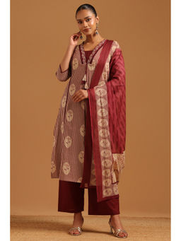 Soch - Womens Maroon Cotton Digital Printed Kurta With Pant & Dupatta
