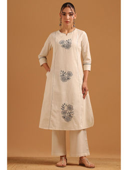 Soch - Womens Beige Cotton Flex Floral Kurta With Pant
