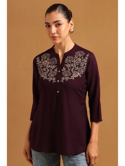 Soch - Womens Wine Rayon Embroidered Botanical Tunic
