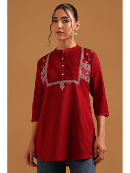 Soch - Womens Maroon Cotton Embroidered Thread Work Tunic
