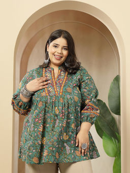 Stylum - Womens Plus Size Green Floral Printed Cotton Empire Top