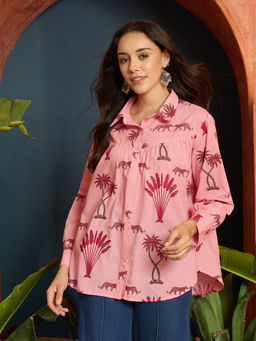 Stylum - Womens Pink Palm Tree Printed Cotton Shirt
