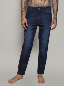 Campus Sutra - Mens Navy Blue Contrast Side Striped Denim Jeans