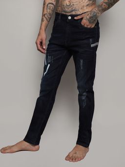 Campus Sutra - Mens Dark Wash Distressed Denim Jeans With Embroidered Details