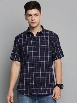 SHOWOFF - Mens Spread Collar Navy Blue Checked Shirt