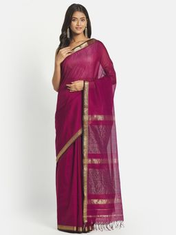 Fabindia - Wine Cotton Silk Maheshwari Woven Saree without Blouse