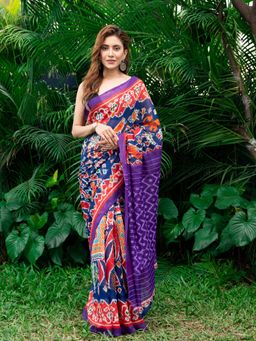 Beatitude - Blue Printed Soft Blended Mulmul Cotton Saree with Unstitched Blouse