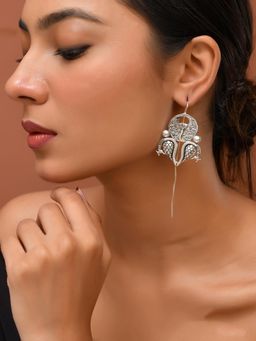 Silvermerc Designs - Women Oxidised Silver Floral Peacock Design Dangler Earrings