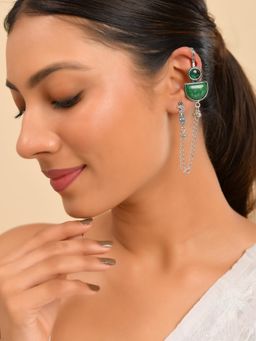 Silvermerc Designs - Women Oxidised Green Chain Ear Cuffs