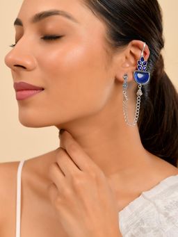 Silvermerc Designs - Women Trendy Oxidised Blue Chain Ear Cuffs