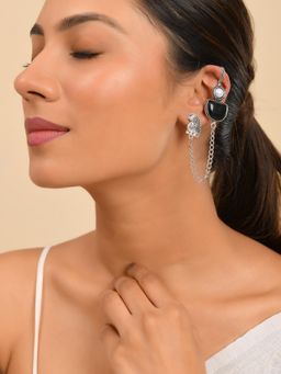 Silvermerc Designs - Women Oxidised Black Stone and Pearl Chain Ear Cuffs