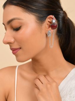 Silvermerc Designs - Women Oxidised Red Stone and Pearl Chain Ear Cuffs