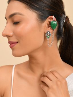 Silvermerc Designs - Women Green Oxidised Chain Ear Cuffs