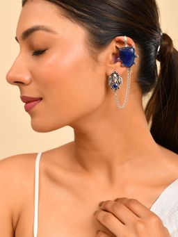Silvermerc Designs - Women Blue Oxidised Chain Ear Cuffs
