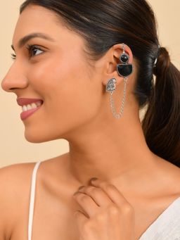 Silvermerc Designs - Women Black Oxidised Hanging Chain Ear Cuffs