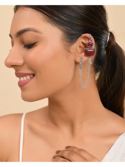 Silvermerc Designs - Women Red Ethnic Oxidised Chain Ear Cuffs