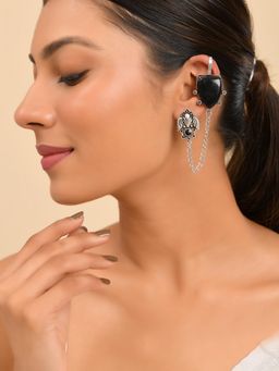 Silvermerc Designs - Women Black Fashion Oxidised Linked Chain Ear Cuffs