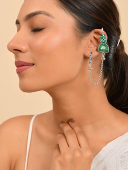 Silvermerc Designs - Women Green Designer Oxidised Chain Ear Cuffs