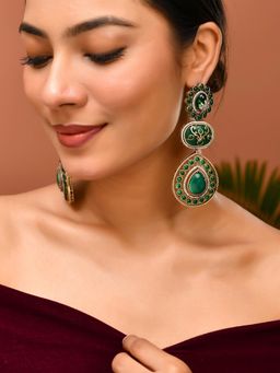 Silvermerc Designs - Women Gold-Plated Green Premium Ethnic Long Drop Earrings