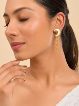 Silvermerc Designs - Women Gold Moon Design Tassels Drop Earrings