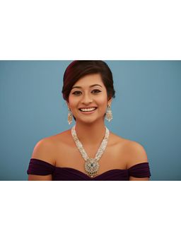 SOLLIGHT - Women Gold Plated Traditional Multi-Color Zirconia Studded Pearl Long Jewellery Set