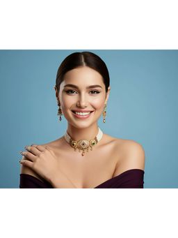 SOLLIGHT - Women Multi-Color Stone Studded Zirconia Choker Pearl Necklace Set