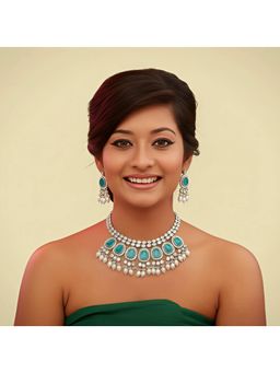 SOLLIGHT - Women Blue Zirconia and Pearl Beads Jewellery Set