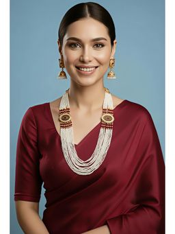 SOLLIGHT - Women Gold Plated Ruby Red and Zirconia Studded Pearl Jewellery Set