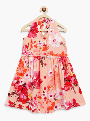 Campana Girls Calypso Tiered Dress -  Daisy Print - Peach & White