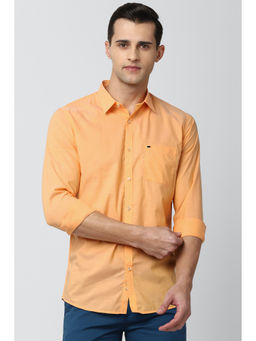 Peter England - Men Orange Solid/Plain Cotton Blend Casual Shirt