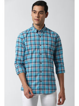 Peter England - Men Blue Checks Cotton Casual Shirt