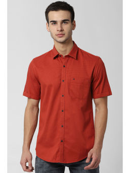 Peter England - Men Orange Textured Cotton Casual Shirt