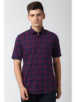 Peter England - Men Navy Blue Checks Cotton Blend Casual Shirt