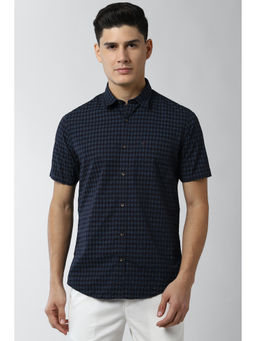 Peter England - Men Navy Blue Checks Cotton Casual Shirt