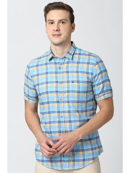 Peter England - Men Blue Checks Cotton Blend Casual Shirt