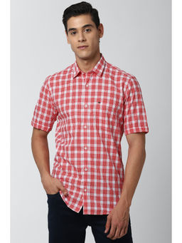 Peter England - Men Red Checks Cotton Casual Shirt