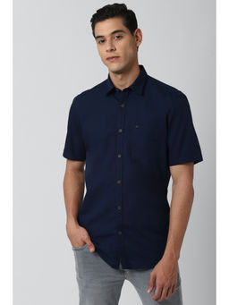 Peter England - Men Navy Blue Solid/Plain Cotton Casual Shirt