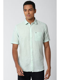 Peter England - Men Green Solid/Plain Linen Blend Casual Shirt