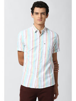Peter England - Men Blue Stripes Cotton Blend Casual Shirt