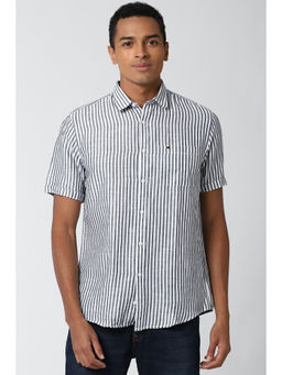 Peter England - Men Grey Stripes Linen Blend Casual Shirt