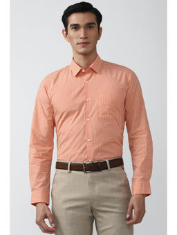 Peter England - Men Orange Checks Cotton Blend Formal Shirt