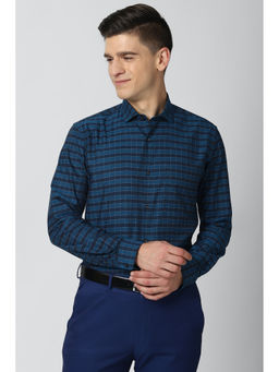 Peter England - Men Blue Checks Cotton Blend Formal Shirt