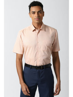 Peter England - Men Orange Checks Cotton Blend Formal Shirt