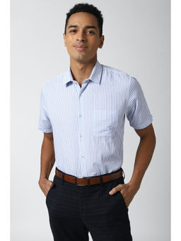 Peter England - Men Blue Stripes Cotton Blend Formal Shirt