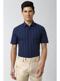 Peter England - Men Navy Blue Checks Cotton Blend Formal Shirt